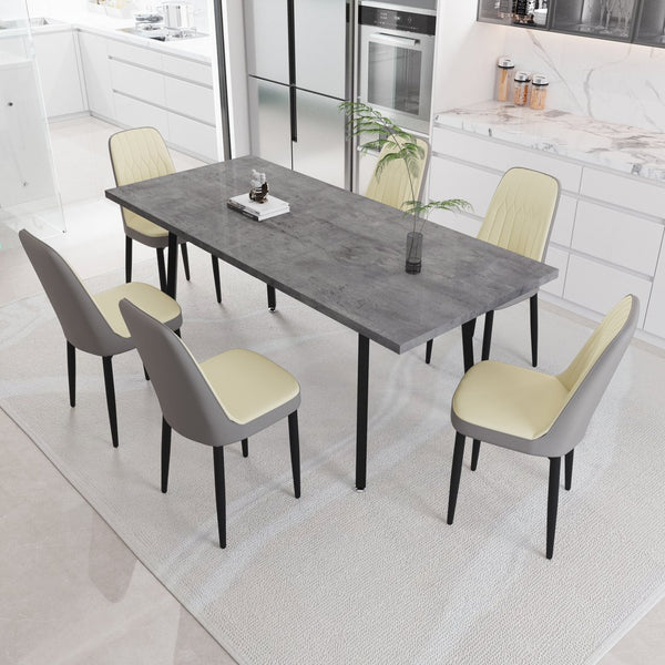 English Elm 55.12-70.87" Expandable Dining Set 7 Piece Industrial Mdf Table with Pu Upholstered Chairs Beige+Grey W2189S00912