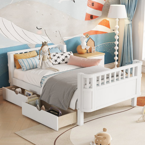 English Elm Twin Solid Wood Platform Bed with Guardrail for Kids, Low-Profile Sturdy Pine Frame, Safe Sleep Solution White 69.69 L x 18.5 W x 7.68 H W2593P331678