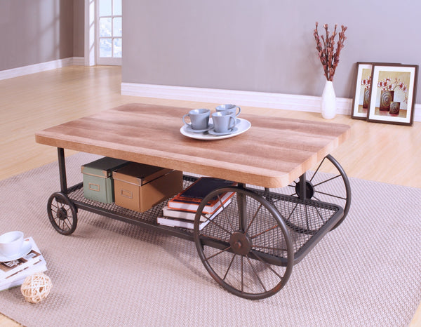 English Elm Francie Industrial Coffee Table with Diamond Mesh Shelf, Metal Wheels & Antique Gray Wood Finish Oak 52 L x 27 W x 6 H B2726P251278
