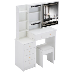 English Elm 37" Stylish Vanity Table Set With Cushioned Stool, Led Mirror, Usb Ports & Hair Dryer Stand - Perfect For Modern Bedrooms! W936P224319