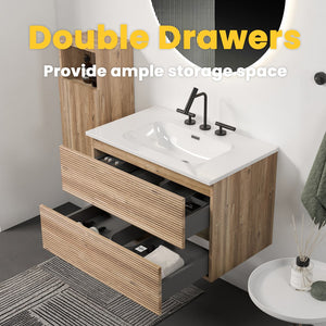 English Elm Gloria 30 Inch Floating Bathroom Vanity Rough Oak Finish with Ceramic Sink Modern Bath W1865S00196