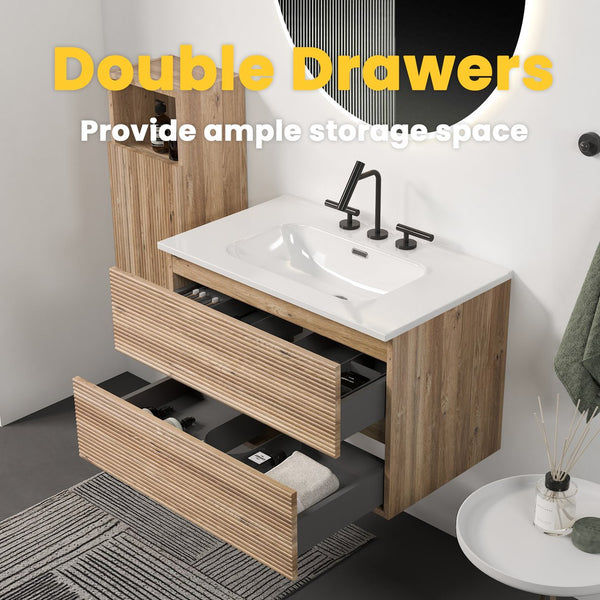 English Elm Gloria 30 Inch Floating Bathroom Vanity Rough Oak Finish with Ceramic Sink Modern Bath W1865S00196