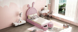 English Elm Twin Size Upholstered Rabbit-Shape Bed With 2 Storage Stools, Velvet Platform Bed With Cartoon Ears Shaped Headboard, Pink