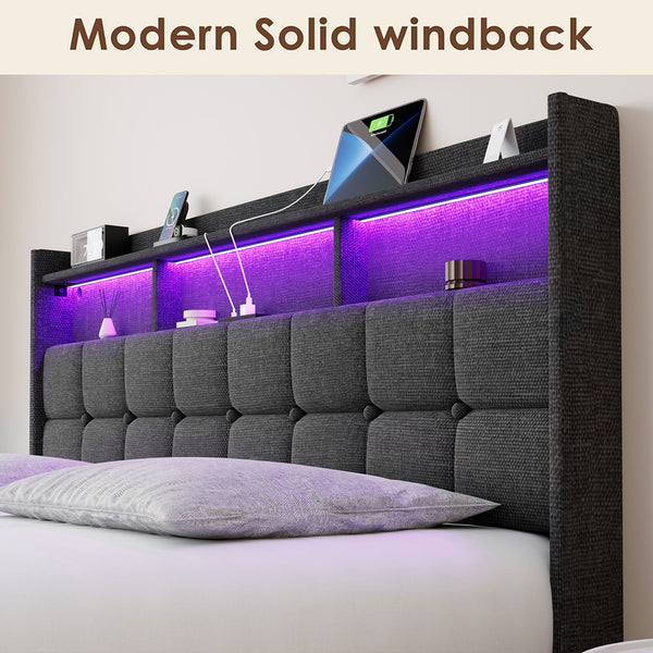 English Elm King LED Linen Platform Bed with Headboard Storage, 2 Drawers, Fast Charging & Mood Lights W1550P190363