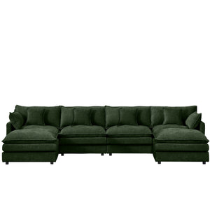 English Elm Modular U-Shaped Sectional Sofa - 130.7 Inch Cozy 4-Seater Couch With Movable Ottomans, Green Chenille W1359S00041