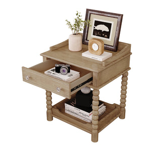 English Elm Retro Bedside Nightstand with Turned Rubberwood Legs Open Shelf and Drawer Storage Natural N733P206240M