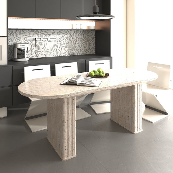 English Elm Kitchen extendable dining table with travertine-inspired melamine top, rounded edges, sturdy wooden base for family gatherings Beige W1347S00017