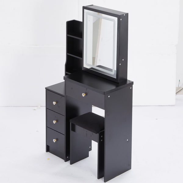 English Elm 29.2" Compact Vanity Table Set With Led Mirror, Touch Control, Large Storage & Stylish Stool For Small Spaces W936P226032