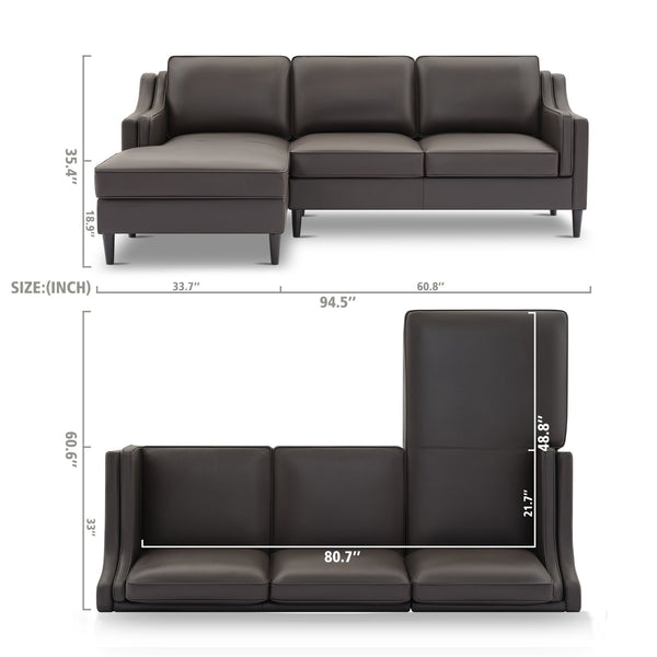 English Elm 94.5 Inch L-Shaped Genuine Leather Sofa With Left Chaise Lounge - Modern Espresso Elegance For Home W791S00023