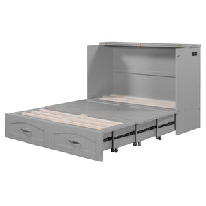 English Elm Full Size Murphy Wall Bed with Storage Drawers Usb Charging Ports and Pulley Mechanism Gray LP100670AAE