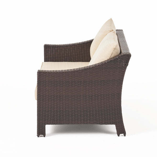 English Elm Christopher Knight Home® - ANTIBES RATTAN LOVESEAT SET WITH SIDE TABLE – Weatherproof PE Wicker, Iron Frame, Compact Patio Seating Brown 57088.00SET