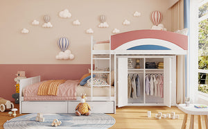 English Elm Full Size Offset Bunk Bed with Wardrobe Hanging Rod Drawers and Upholstered Rail White N820S00081K