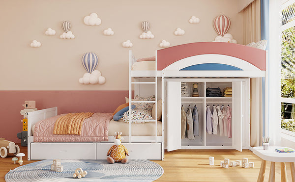 English Elm Full Size Offset Bunk Bed with Wardrobe Hanging Rod Drawers and Upholstered Rail White N820S00081K