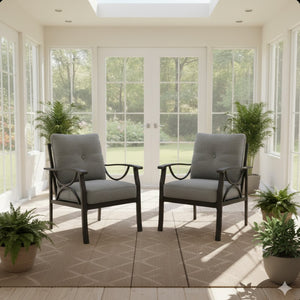 English Elm Set of 2 Outdoor Steel Armchairs Powder Coated Matte Frame with Cushioned Patio Seating Gray+ Khaki B082P455143