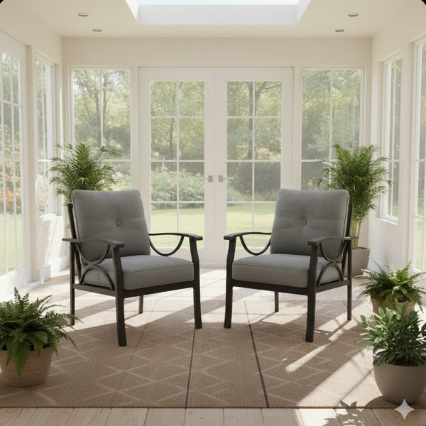 English Elm Set of 2 Outdoor Steel Armchairs Powder Coated Matte Frame with Cushioned Patio Seating Gray+ Khaki B082P455143