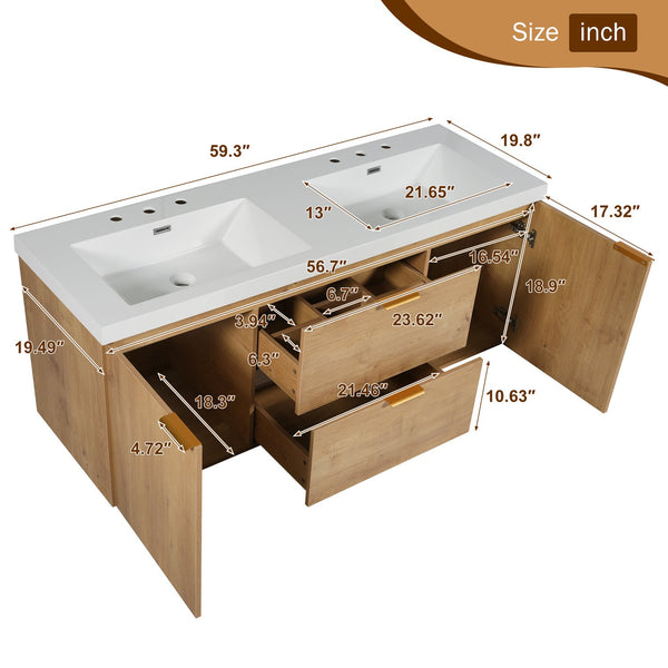 English Elm [video]59.3 Inch Wall Mounted Double Sink Vanity Wood Grain Mdf Soft Close Storage N729P000027N