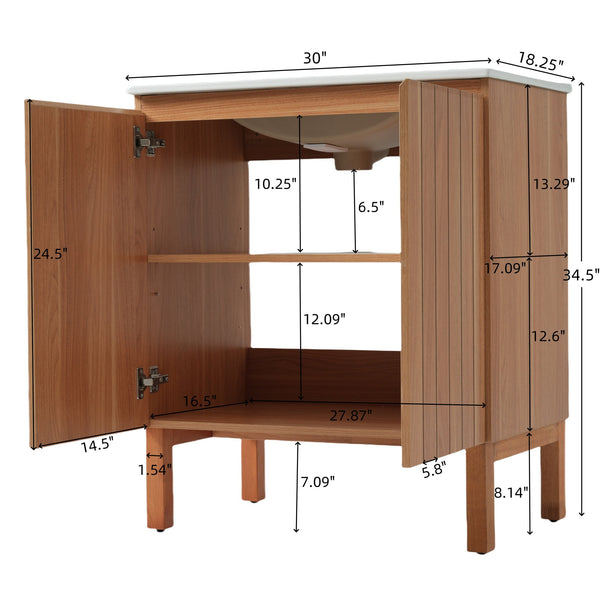 English Elm Christopher Knight Home® - 30" Modern Bathroom Vanity with Ceramic Sink, Natural Wood Grain, 45° Handle, Soft-Close, Ample Storage N817P245325N