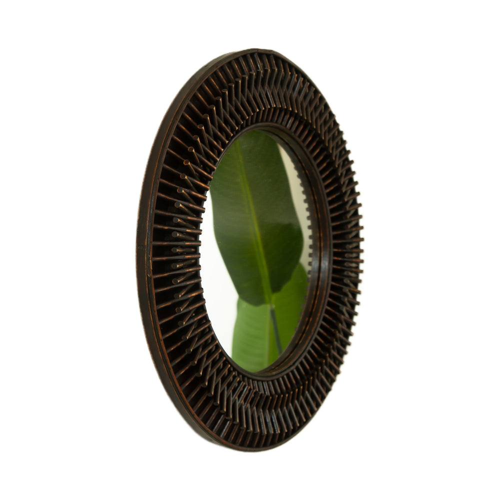 English Elm 24'' Aura Mirror Rustic Dark Bamboo Round Wall Mirror with Hand-Finished Log-Style Frame for Home Decor W2615P346487