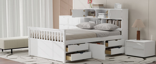 English Elm Full Size Captain Platform Bed Frame With Bookcase Headboard, Storage Drawers & White Finish N7090000473K