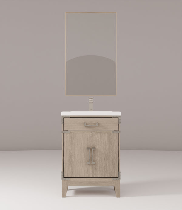 English Elm Grey Oak Single Bath Vanity 24"W x 18"D with Acrylic Countertop, 18" Mirror & Chrome Faucet Set — Durable, Hand-Finished Appearance B2731S02001