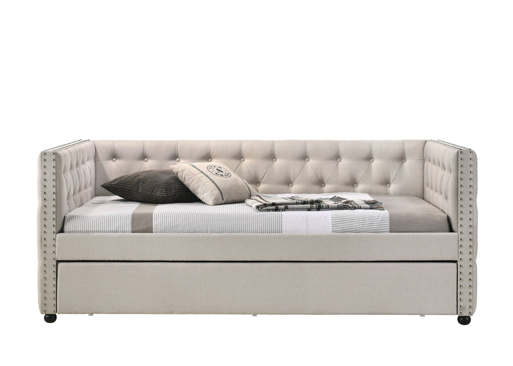English Elm Romona Beige Upholstered Full Daybed with Twin Trundle, Button Tufting & Nailhead Trim Accent B2726S00334