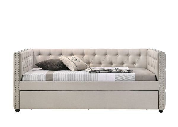 English Elm Romona Beige Upholstered Full Daybed with Twin Trundle, Button Tufting & Nailhead Trim Accent B2726S00334