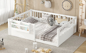 English Elm Twin Low Profile Kids Floor Bed Pine Wood Frame with Safety Rail and Built in Bookshelf White W1580P373138