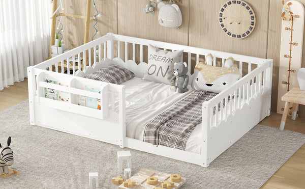English Elm Twin Low Profile Kids Floor Bed Pine Wood Frame with Safety Rail and Built in Bookshelf White W1580P373138