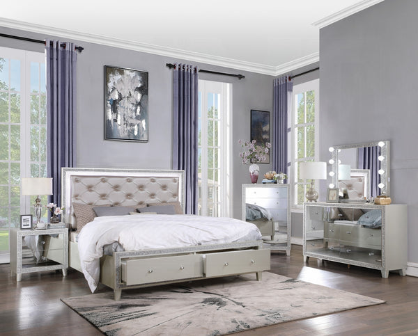 English Elm Glam Mirrored Nightstand with 2 Drawers Luxury Bedroom Accent Table, Sparkling Faceted Front Design Champagne 19 L x 28 W x 26 H B2741P322547