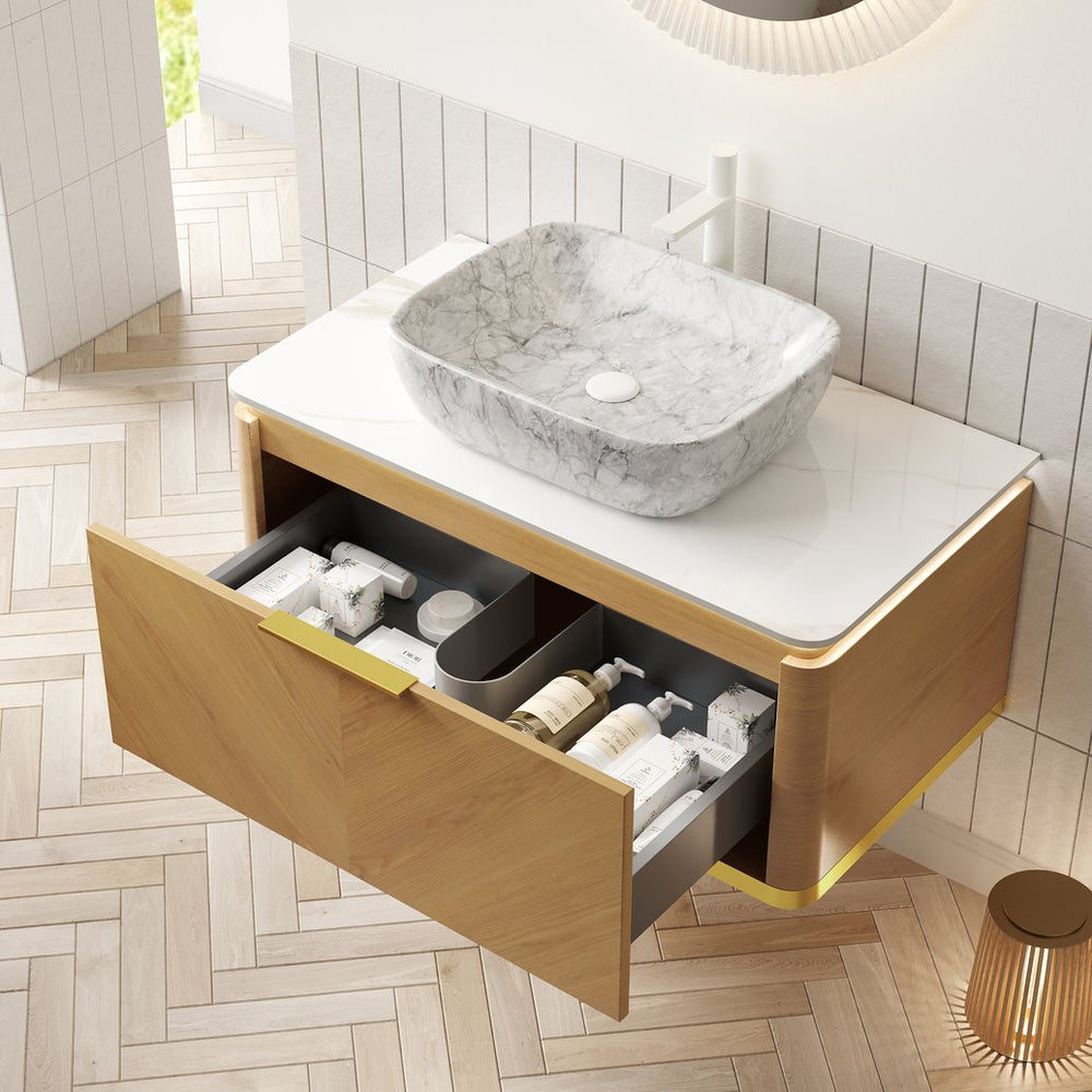 English Elm Dipa 36" Floating Bathroom Vanity With Vessel Sink, Marble Top, Sensor Light & Stylish Storage Solutions W2615S00303