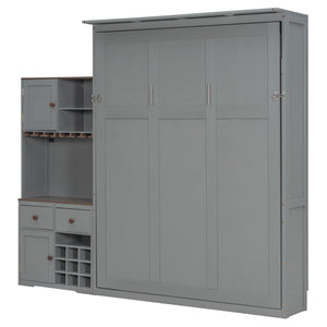 English Elm Queen Murphy Bed with Wine Rack Glass Holder Led Lighting and Cabinet White Gray LP000391AAE