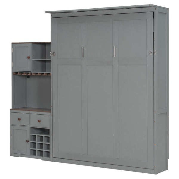 English Elm Queen Murphy Bed with Wine Rack Glass Holder Led Lighting and Cabinet White Gray LP000391AAE