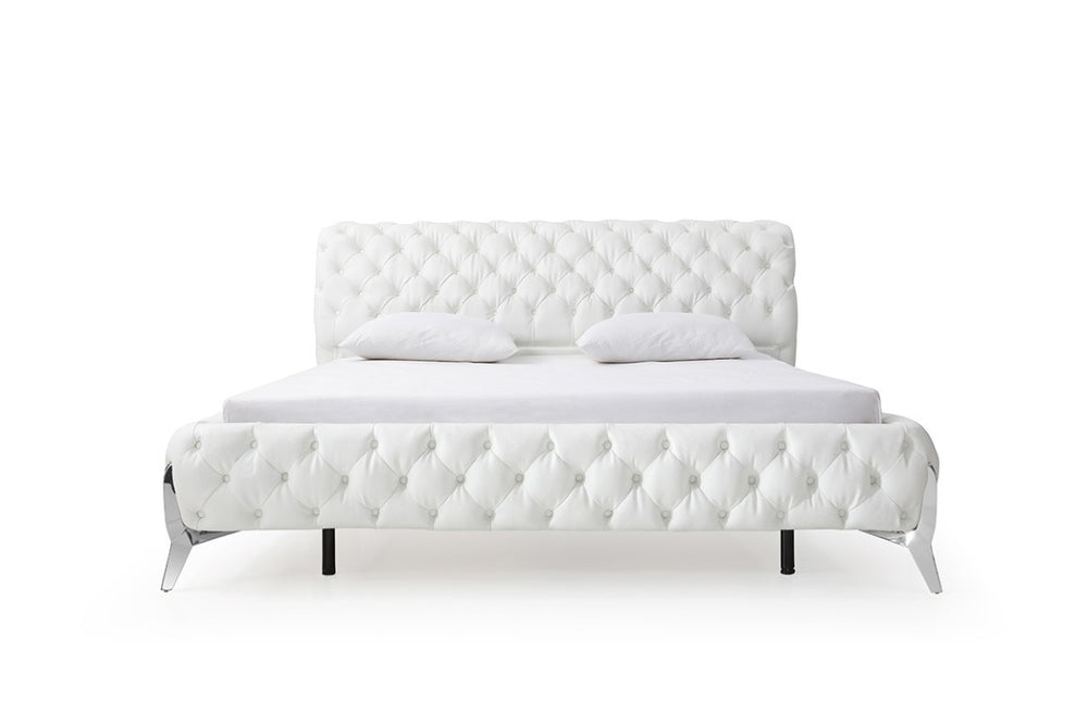 VIG Furniture Queen Modrest Legend White Bonded Leather Bed With Diamond Tufting, Stainless Steel Legs, Platform Support VGVCBD8111-WHT-Q