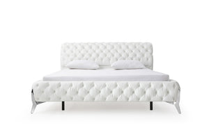 VIG Furniture Queen Modrest Legend White Bonded Leather Bed With Diamond Tufting, Stainless Steel Legs, Platform Support VGVCBD8111-WHT-Q