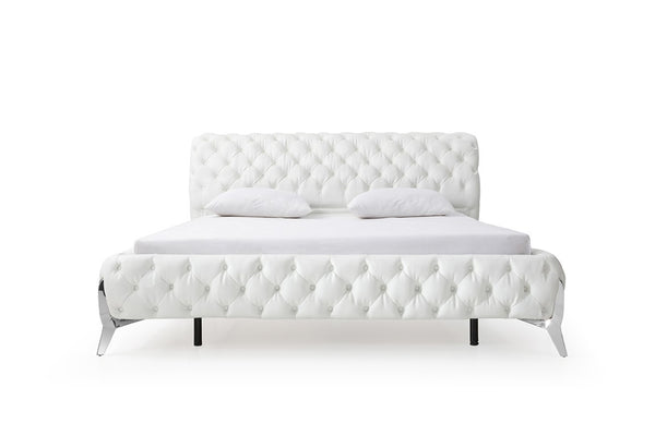 VIG Furniture Queen Modrest Legend White Bonded Leather Bed With Diamond Tufting, Stainless Steel Legs, Platform Support VGVCBD8111-WHT-Q