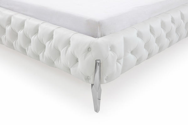 VIG Furniture Queen Modrest Legend White Bonded Leather Bed With Diamond Tufting, Stainless Steel Legs, Platform Support VGVCBD8111-WHT-Q