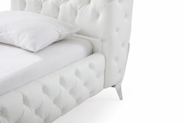 VIG Furniture Queen Modrest Legend White Bonded Leather Bed With Diamond Tufting, Stainless Steel Legs, Platform Support VGVCBD8111-WHT-Q