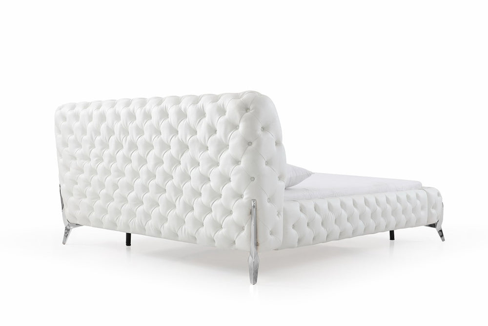 VIG Furniture Queen Modrest Legend White Bonded Leather Bed With Diamond Tufting, Stainless Steel Legs, Platform Support VGVCBD8111-WHT-Q