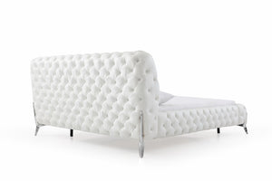 VIG Furniture Queen Modrest Legend White Bonded Leather Bed With Diamond Tufting, Stainless Steel Legs, Platform Support VGVCBD8111-WHT-Q