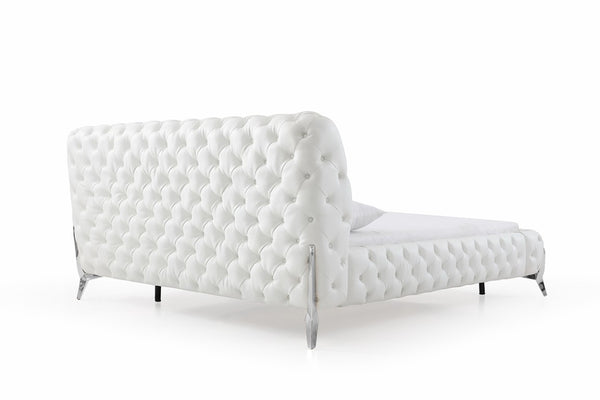 VIG Furniture Queen Modrest Legend White Bonded Leather Bed With Diamond Tufting, Stainless Steel Legs, Platform Support VGVCBD8111-WHT-Q