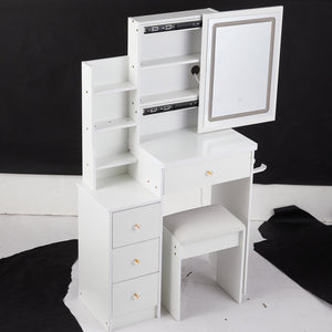 English Elm 29.2" Stylish Compact Vanity Table Set With Led Mirror, Usb Ports, Hair Dryer Bracket & Stool W936P226042