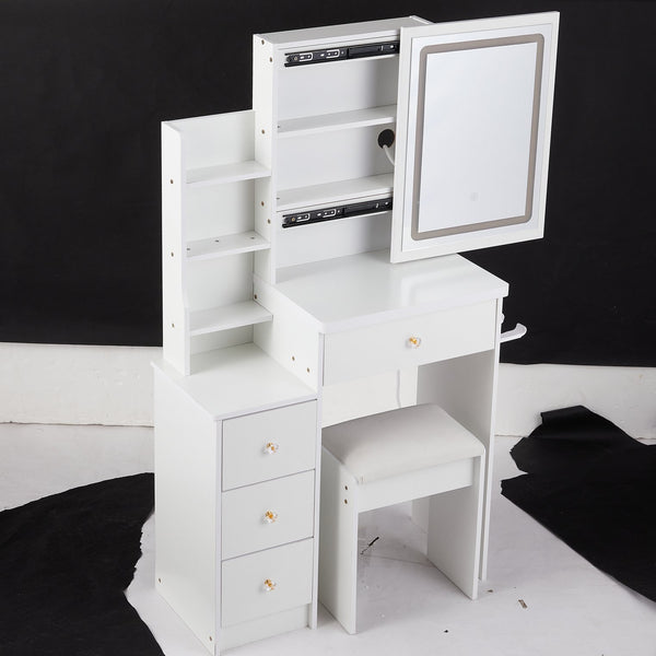 English Elm 29.2" Stylish Compact Vanity Table Set With Led Mirror, Usb Ports, Hair Dryer Bracket & Stool W936P226042
