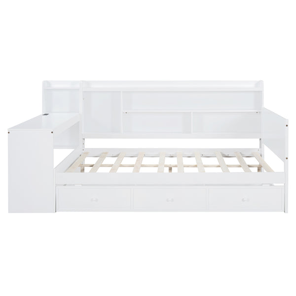 English Elm Full Size Wooden Daybed With Integrated Desk, Usb Ports, 3 Drawers & Modern White Finish N820S00018K