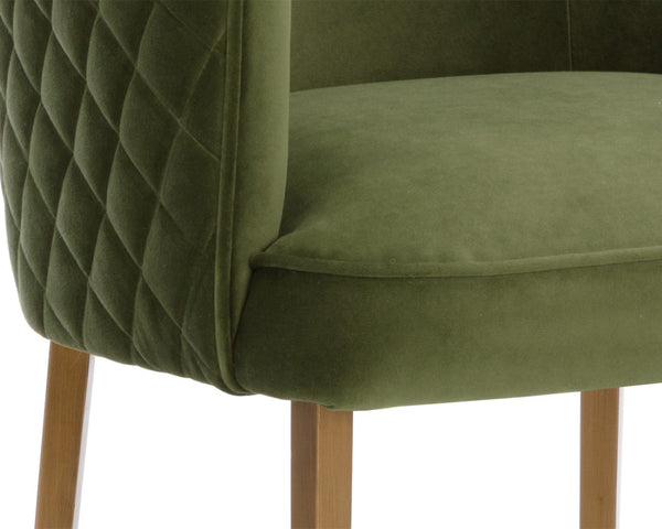 Sunpan CORNELLA Counter Stool - Elegant Meg Olive Upholstery with Diamond Stitching & Antique Brass Frame 109863