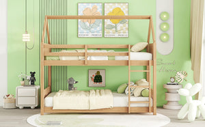 English Elm Twin House Floor Bunk Bed With Guardrails & Ladder - Solid Rubberwood, White Oak Finish, Ideal For Kids W504P227942-GIGA