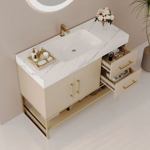 English Elm 36" Freestanding Bathroom Vanity Sintered Stone Top Gold Hardware Wood Cabinet W3136S00055