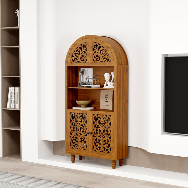 English Elm Vintage Hand-carved Solid Wood Bookcase Tall Arched Open Shelf Cabinet for Living Room W3123P485777