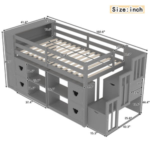 English Elm Twin Kids Low Loft Bed with Stair Drawers Built-in Led Shelving and Bear Handles W697S00040