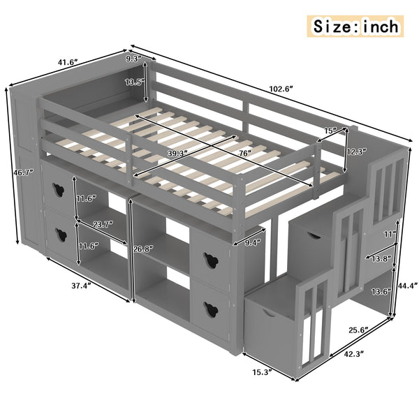 English Elm Twin Kids Low Loft Bed with Stair Drawers Built-in Led Shelving and Bear Handles W697S00040