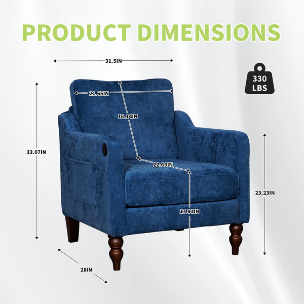 English Elm Accent Chenille Reading Chair with Usb Port Retro Wood Legs Ergonomic Wide Seat W2715P433647